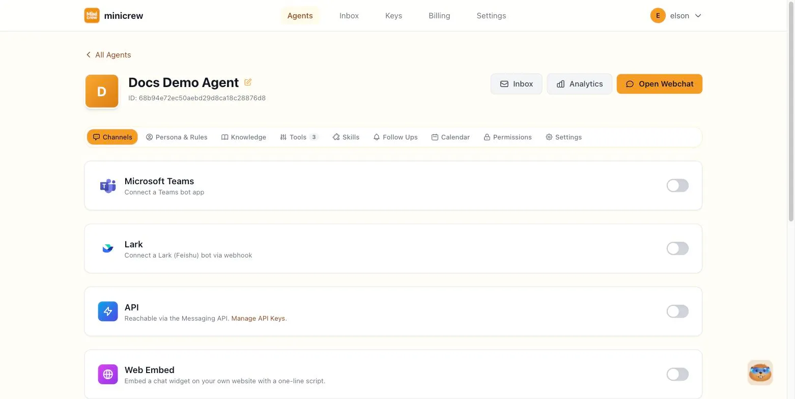 The Channels tab showing Microsoft Teams, Lark, API, and Web Embed cards, each with a toggle
