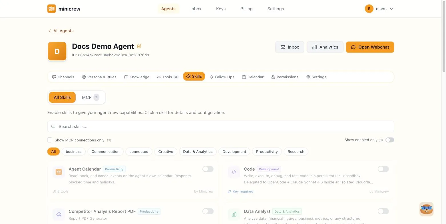 The Skills tab showing the All Skills / MCP toggle, category filters, and skill cards like Agent Calendar, Code, and Data Analyst