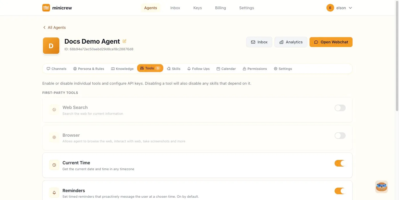 The Tools tab listing first-party tools like Web Search, Browser, Current Time, and Reminders, each with an on/off toggle