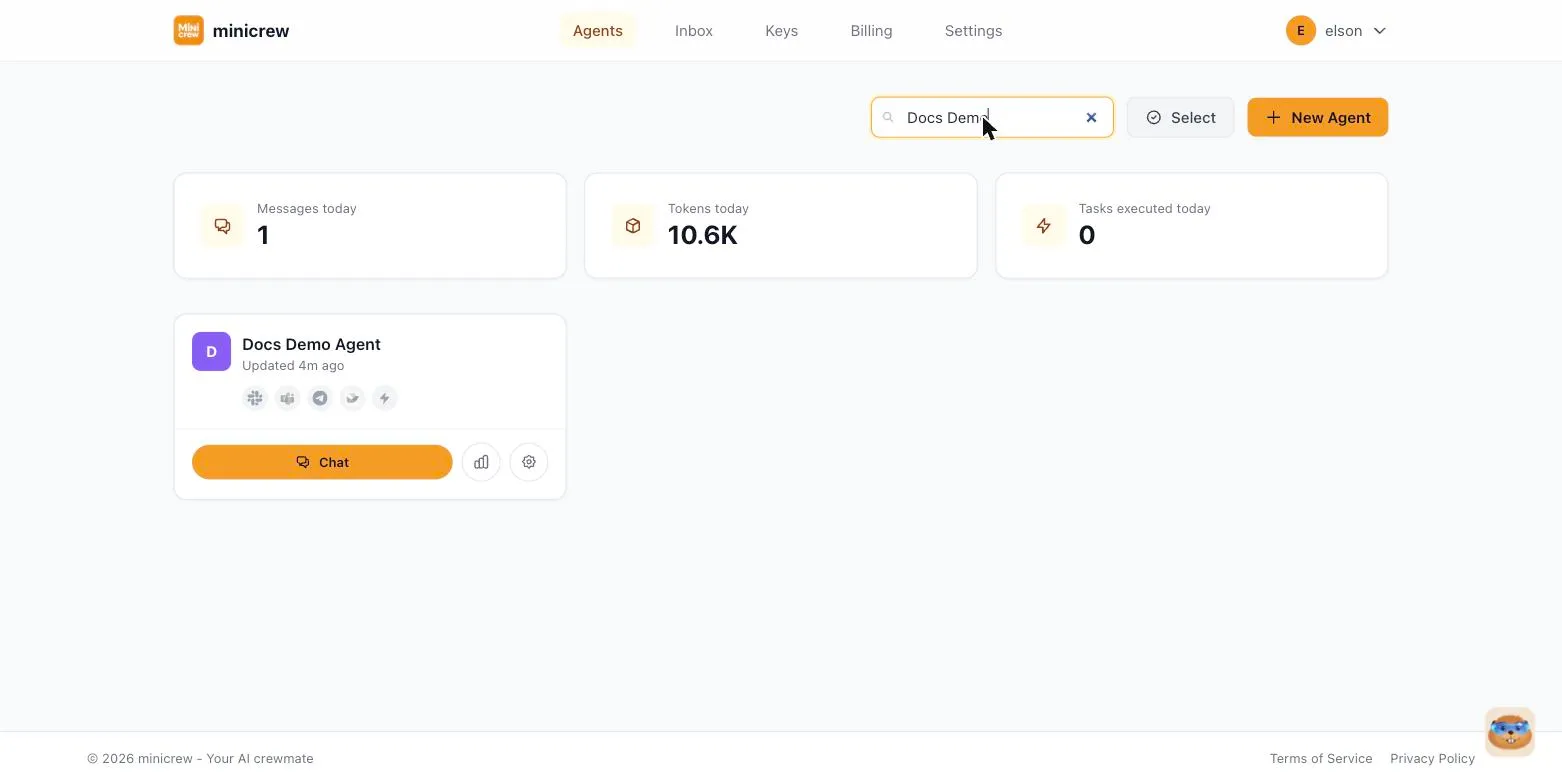 The Minicrew dashboard: today's summary cards, search, Select, New Agent, and an agent card with Chat, Analytics, and Configure buttons
