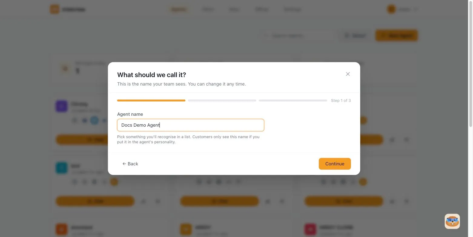 The 'What should we call it?' step of the new agent wizard, with an Agent name field and a step 1 of 3 progress bar